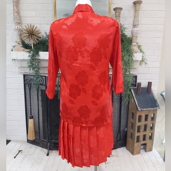 80s Red Jacquard Mod 2 Pc Dress And Jacket Women's Sz L Vintage Pleated Detail - Picture 2 of 8